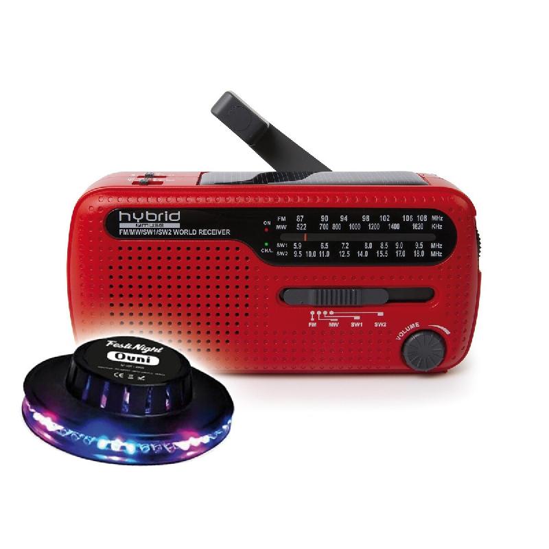 RADIO PORTABLE  MH-07-RED - Coloris rouge - Alimentation par dynamo et énergie solaire, Multi-gammes FM/MW/SW1/SW2, OVNI LED - 3666638039996_0