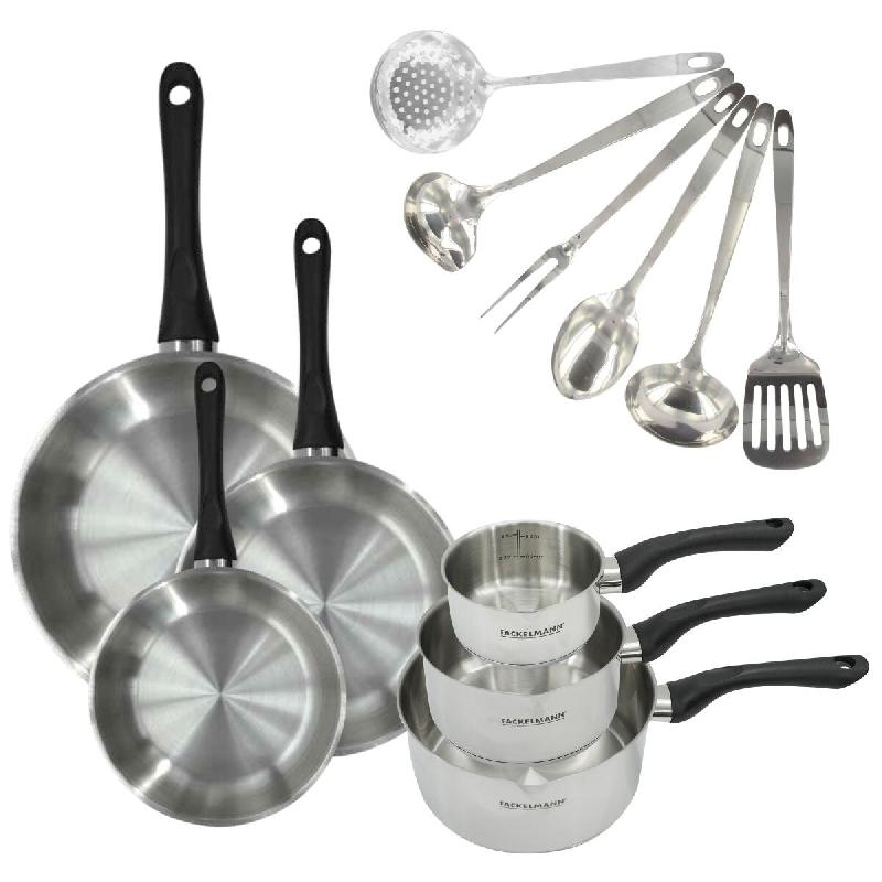 Set 3 poêles 20 24 et 28 cm, 3 casseroles en inox et 6 ustensiles inox Fackelmann Geneva - gris inox 3176239944679_0