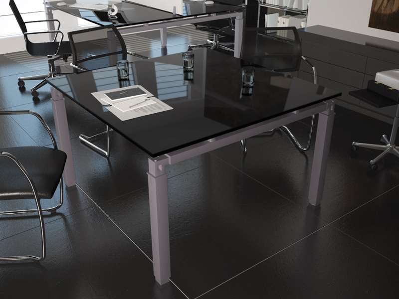Table de réunion carrée en verre trempé sécurit Epsilon - 160x160 cm - Blanc ou noir - Piètement en acier gris aluminium_0