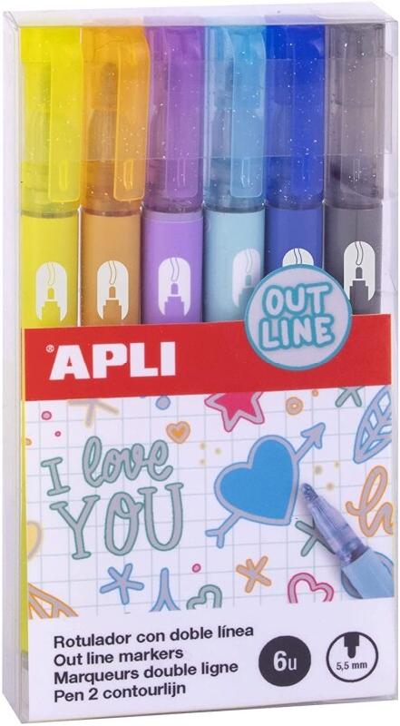 Apli Etui de 6 feutres double ligne : pointe ronde 5,5 mm, couleurs assorties - 8410782189312_0