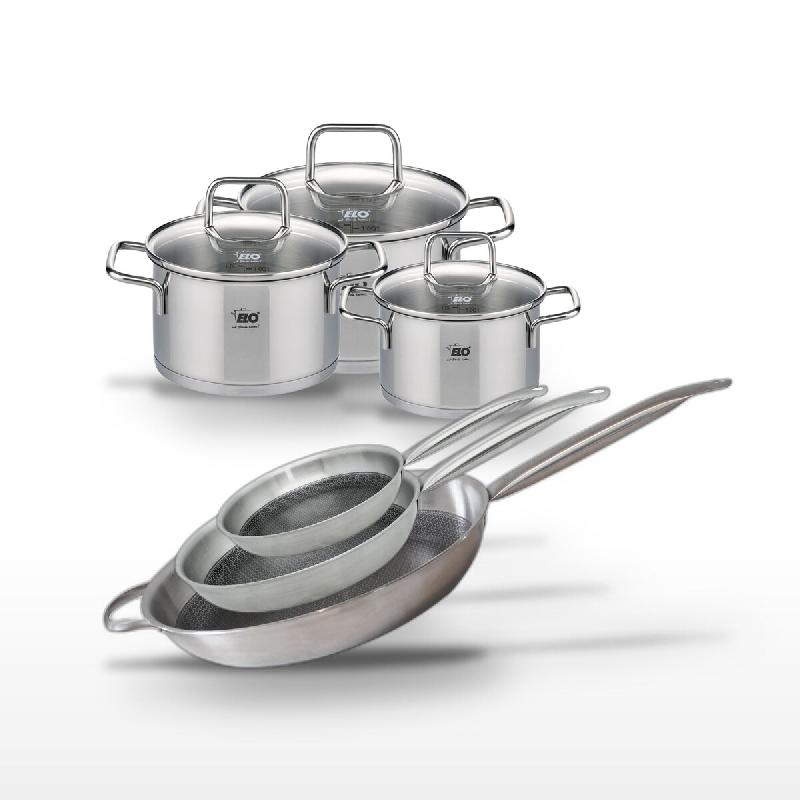 Batterie de cuisine avec 3 poêles 32/28/24 cm et 3 faitouts 16/14/12 cm en acier inoxydable sans PFAS Elo Collection Relief Solution Citrin - gris 31_0