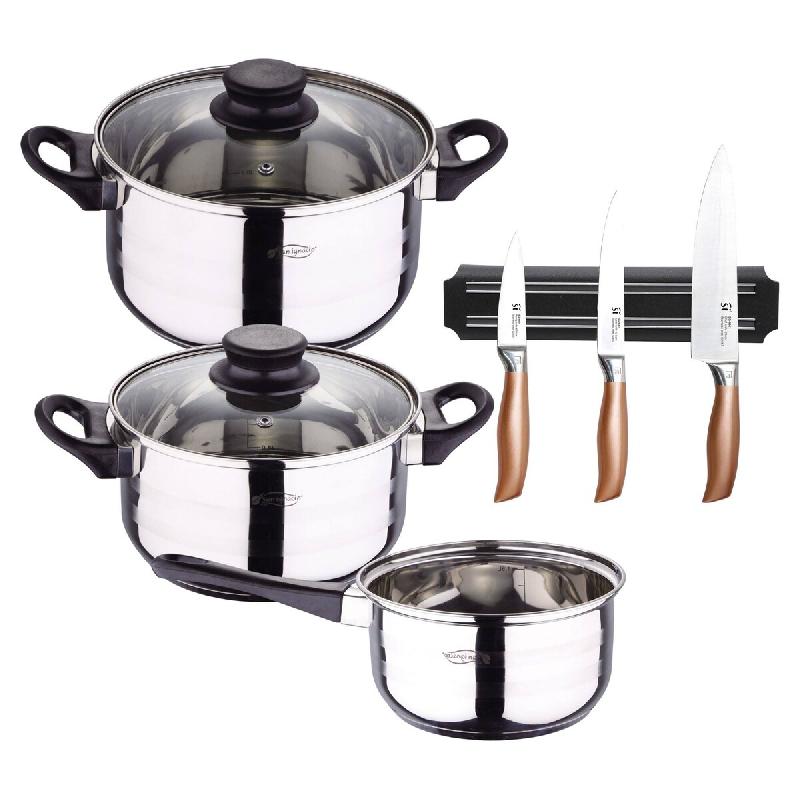 BERGNER - Batterie de cuisine 5 pièces 16/18/20cm compatible induction avec Set de 3 couteaux en acier inoxydable et support magnétique mural - mult_0