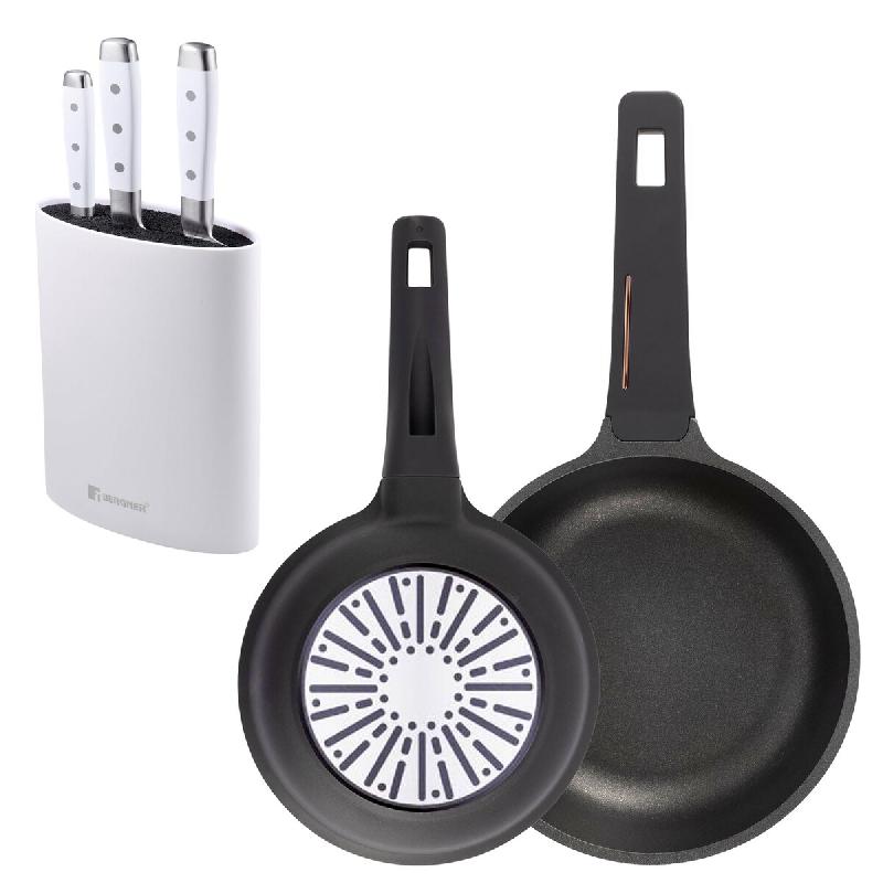 BERGNER - Jeu de poêles Ø20/24cm en Aluminium moulé Compatible Induction avec Jeu de 3 Couteaux en Acier Inoxydable avec Bloc - PK9563_0