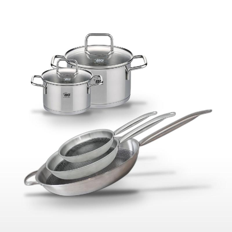 Lot de 3 Poêles 24/28/32cm et 2 Faitouts 12/16cm Elo Relief Solution - gris 3176239959789_0
