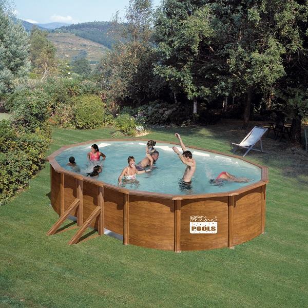 Piscine ovale acier 6,34m x 3,99m x h: 1,22m - imitation bois - filtration à sable - renfort apparents_0