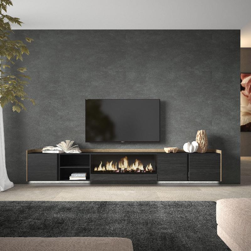 SKRAUT HOME - MEUBLE TV EFFET BOIS NOIR ET CHÊNE 315X35X50CM CHEMINÉE EFFET FEU XXL