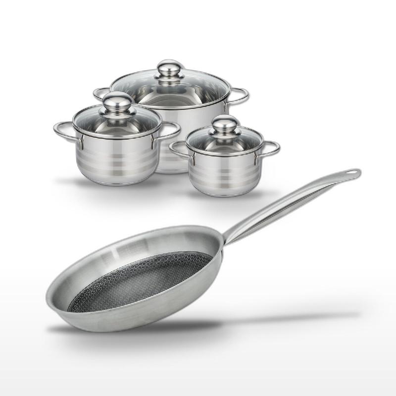 Batterie de cuisine avec 3 faitouts 14/16/24 cm et 1 poêle de cuisson 28 cm en inox sans PFAS Elo Collection Relief Solution Brillant - gris 31762399_0