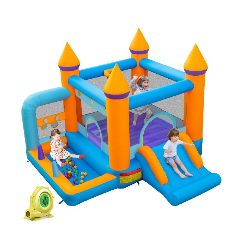 Château gonflable 5 en 1 avec ventilateur - Toboggan, maison de saut, piscine à balles, panier de basketball et 50 balles océaniques - Charge max 90 kg - Réf. 20_0005701_0