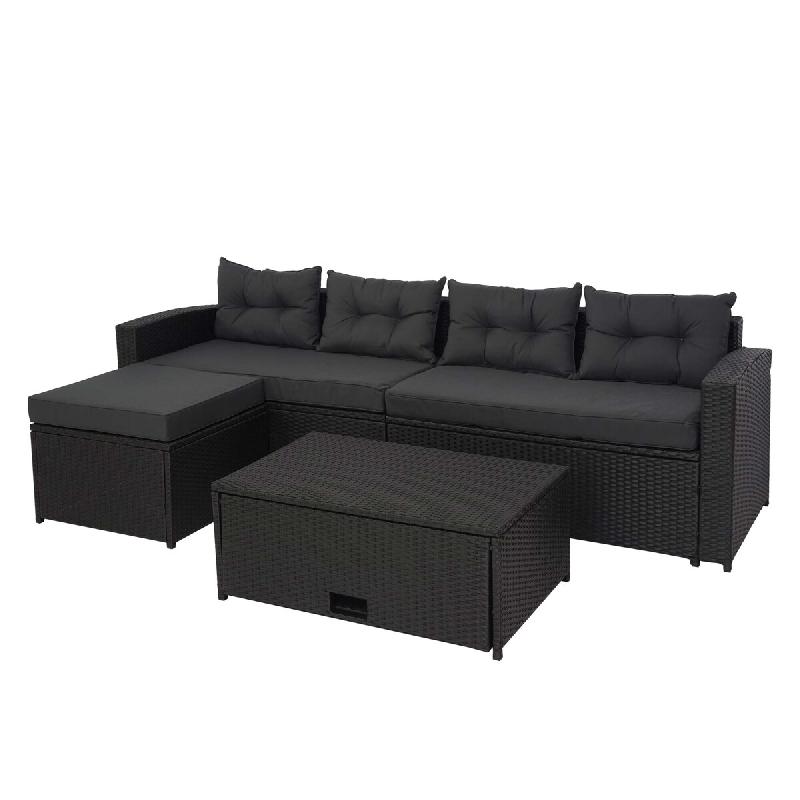 Mendler Poly-Rattan Garniture HWC-J34, Balcon-/Jardin-/Lounge-Set Canapé, compartiment de rangement ~ noir, coussin gris foncé - noir plastique 7707_0