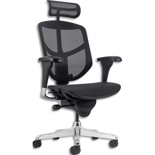 Fauteuil Enjoy en résille noir avec têtière - mécanisme synchrone - accoudoirs 3D réglables - piètement aluminium bi-teinté_0