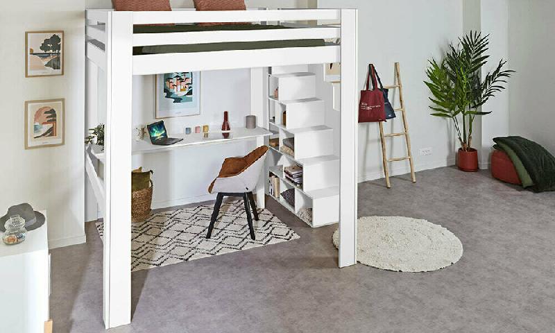 PACK LIT MEZZANINE AVEC ESCALIER PALOMAR XL + MATELAS  BLANC 160X200 CM/OPT:MATELAS LETY LATEX 160X200 CM