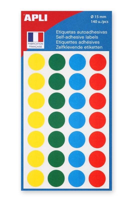 Apli Lot de 5 Etui de 140 pastilles adhésives col. Assortis, diam. 15 mm (5 feuilles / cdt) - 3270241006254_0
