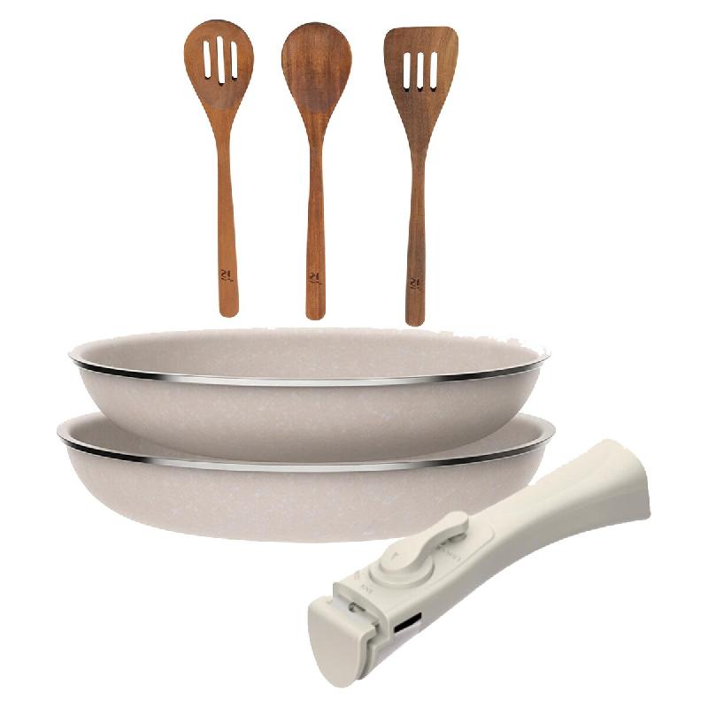 BERGNER - Jeu de 2 poêles Ø24/28 cm en aluminium embouti antiadhésif avec manche amovible avec jeu de 3 ustensiles de cuisine en acacia - PK9491_0