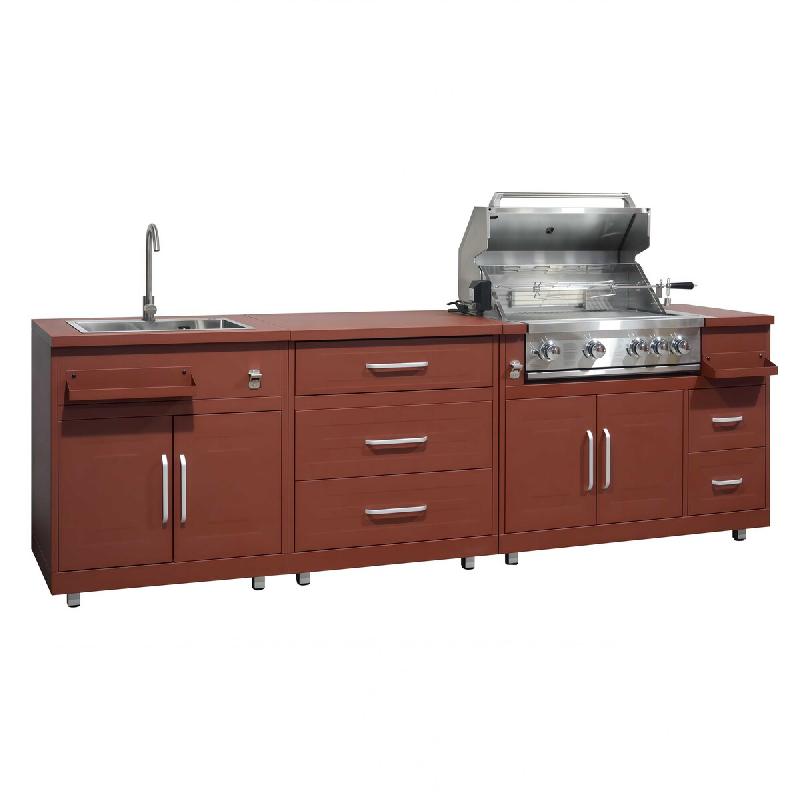 Oviala Business Oviala Cuisine extérieure acier 3 éléments avec barbecue en acier 96 x 284 x 66 cm brique - marron acier 115299_0