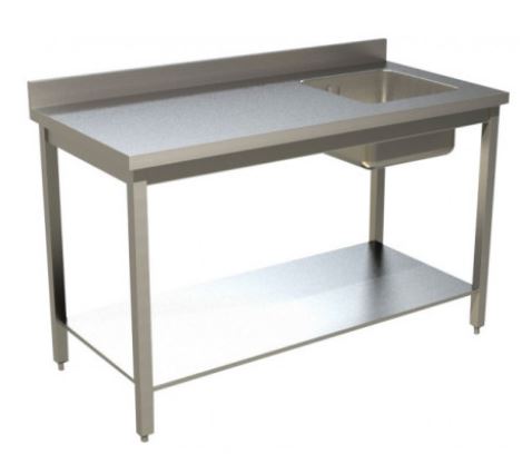 Table du chef inox un bac à droite - TCMD2070 - avec étagère basse et dosseret 100 mm - Fabriquée en Italie_0