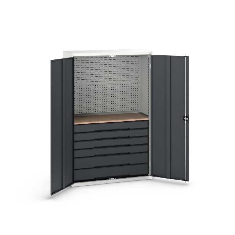 Armoire d'atelier polyvalente Verso - 6 tiroirs, panneaux, plateau - Dimensions LxPxH : 1300x550x2000mm_0
