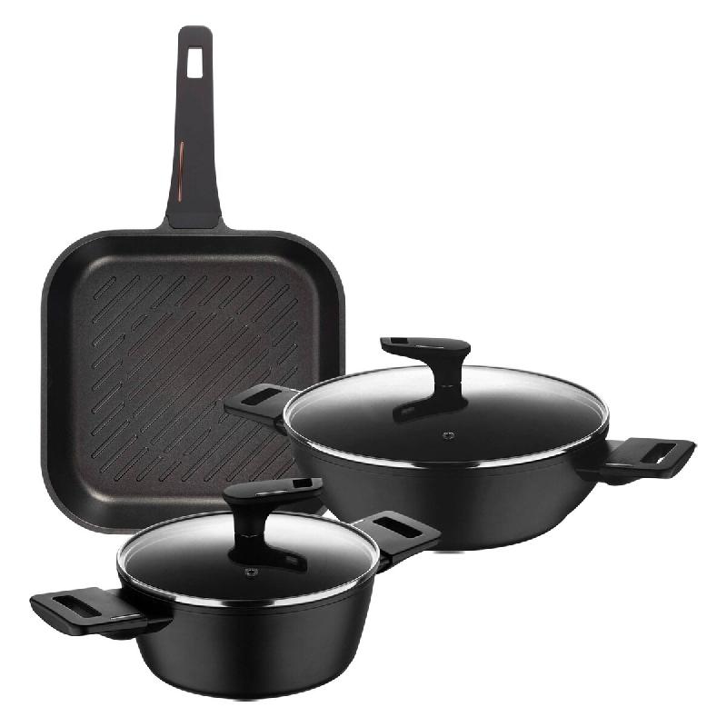 BERGNER Copper - Jeu de 2 casseroles basses Ø20cm (2,2L) et Ø28cm (4,2L) avec couvercles en aluminium forgé et poêle grill 28x28cm en aluminium co_0