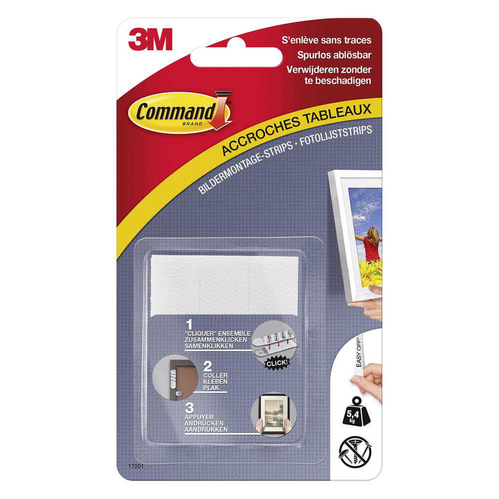 BLISTER DE 8 LANGUETTES DE FIXATION COMMAND POST-IT POUR TABLEAU - MOYEN MODELE BLANC - POIDS MAX 5,4 KG