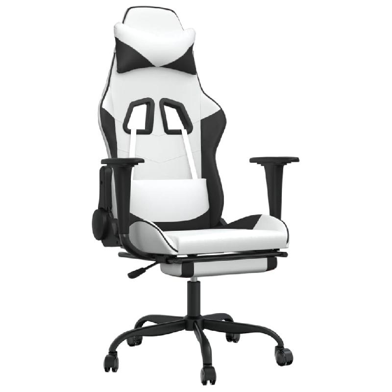 Décoshop26 - Fauteuil de bureau chaise gaming avec coussin lombaire fonction de massage avec repose-pieds en PVC blanc et noir DEC025830 - blanc 3000_0