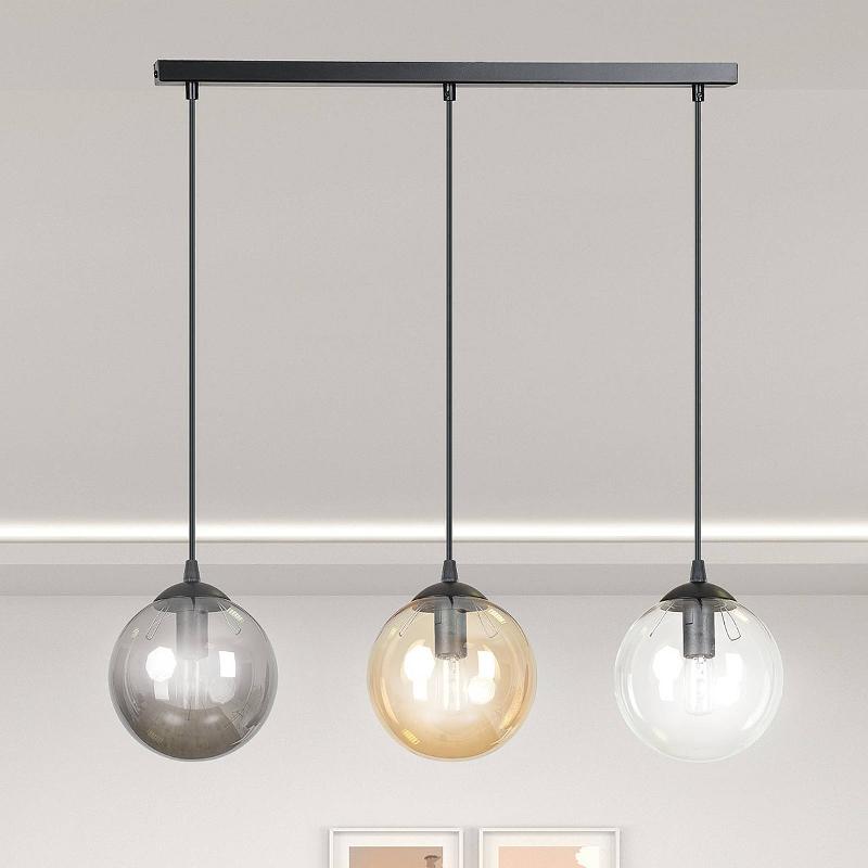 EMIBIG LIGHTING SUSPENSION GLASSY, 3 LAMPES, DROITE, GRAPHITE/AMBRE/CLAIR, VERRE