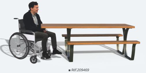 Table de pique-nique 2000 x 1310 x 720 mm - piétement décalé PMR - modèle SÉVILLE - bois exotique et fonte d'acier_0