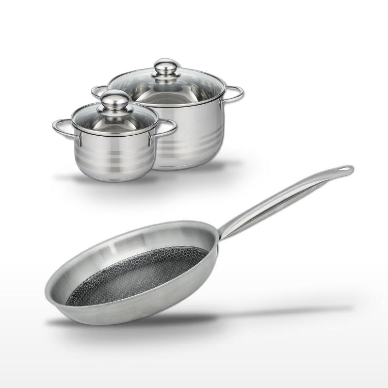 Batterie de cuisine avec 1 poêle 28 cm et 2 faitouts 16/24 cm en inox sans PFAS Elo Collection Relief Solution Brillant - gris 3176239941173_0