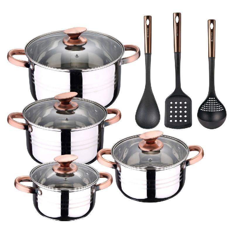 BERGNER - Batterie de cuisine NONA 8 pcs 16/18/20/24cm acier inoxydable compatible induction avec Set de 3 Ustensiles de cuisine en PBT noir et cuivre_0
