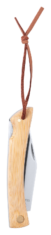 Couteau de poche en acier inoxydable - manche bambou - avec bandoulière similicuir et serrure de sécurité_0