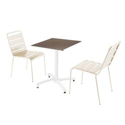 Oviala Business Ensemble table de terrasse stratifié taupe et 2 chaises ivoire - blanc métal 110652_0