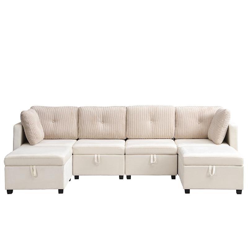 Merax Canapé modulaire en U 6 en 1 avec rangement, canapé-lit en velours et velours côtelé, pour 4 à 6 personnes, beige - beige ZR9367890B_0