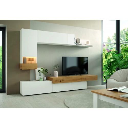 MEUBLE TV - 5 MODULES - AURA.2 - 240CM - BLANC ET ARTISAN - 1 COLONNE RAMIS