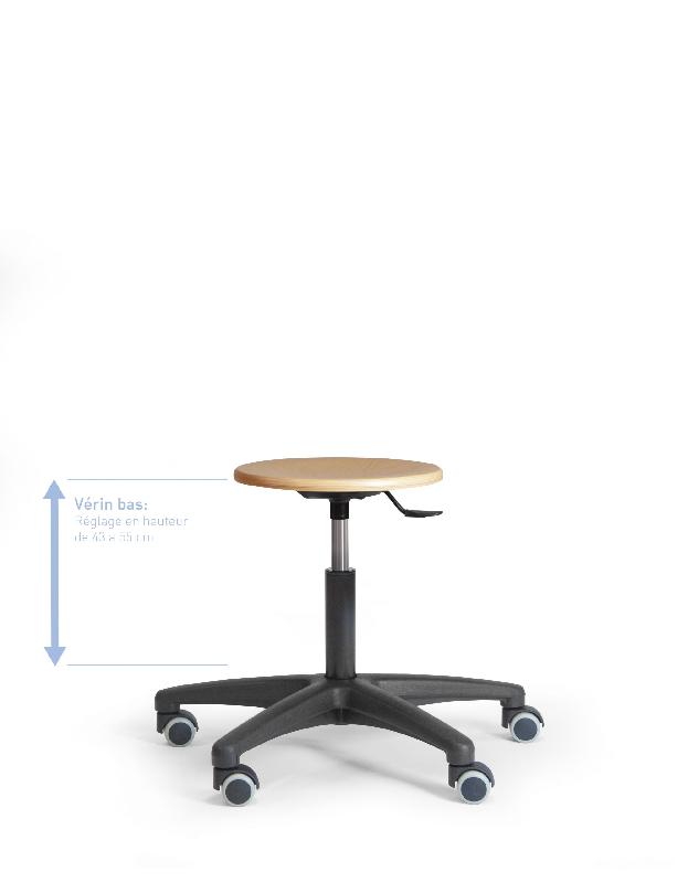 Tabouret en bois standard - roulettes auto-freinées - hauteur réglable de 430 à 550 mm_0