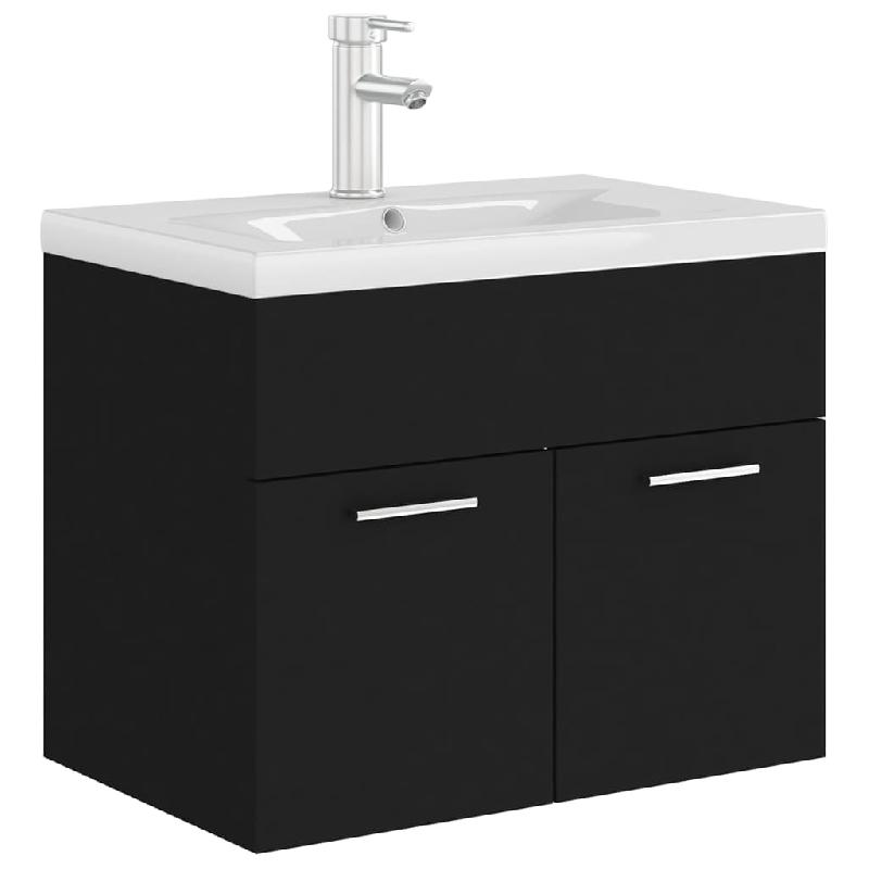 Armoire d'évier avec lavabo intégré - 60 x 38,5 x 46 cm - Aggloméré noir avec robinet et égouttoir à trop-plein_0