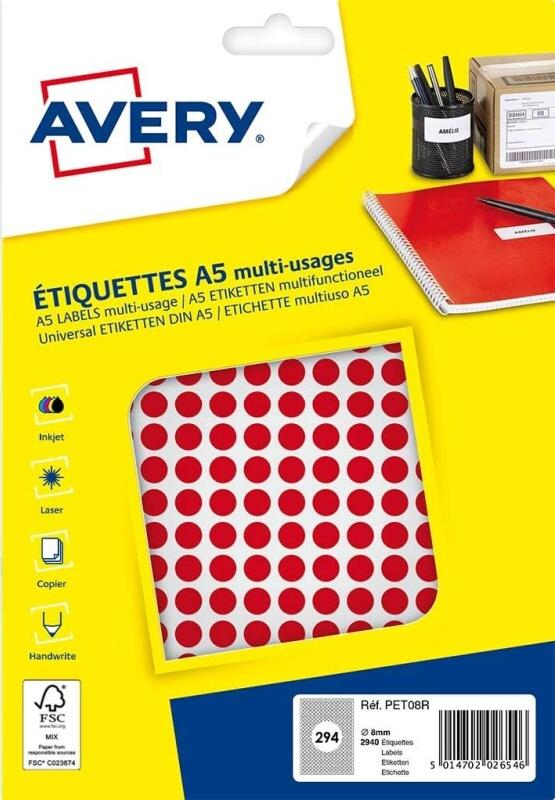 AVERY Lot de 5 Etui de 2940 pastilles adhésives, diamètre 8 mm, coloris rouge (10 feuilles / cdt) - rouge 5014702026546_0