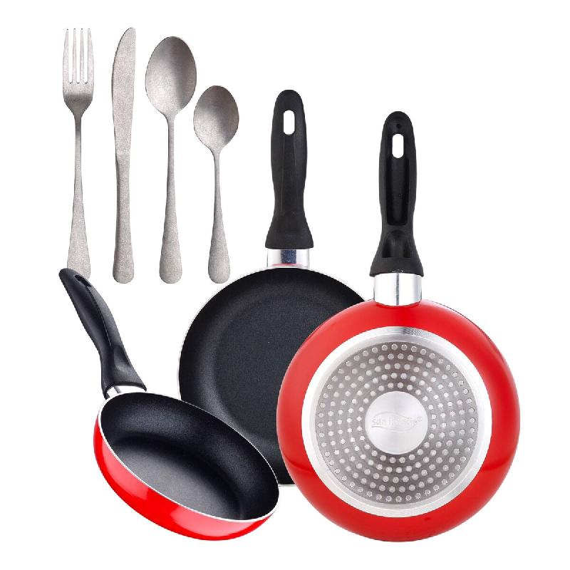 BERGNER - Jeu de 3 Poêles Ø16/Ø20/Ø24cm en Aluminium Pressé Compatible Induction Navy Red avec Set de 16 Couverts en Acier Inoxydable - aluminium_0