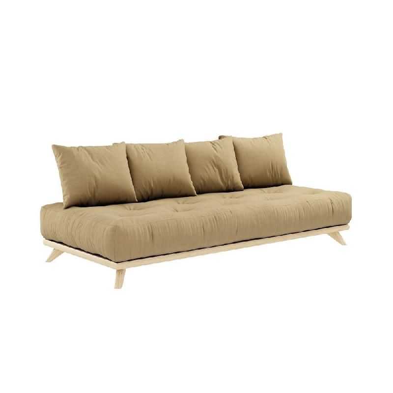 CANAPÉ CONVERTIBLE FUTON SENZA PIN NATUREL COLORIS BEIGE BLÉ COUCHAGE 90 CM._0