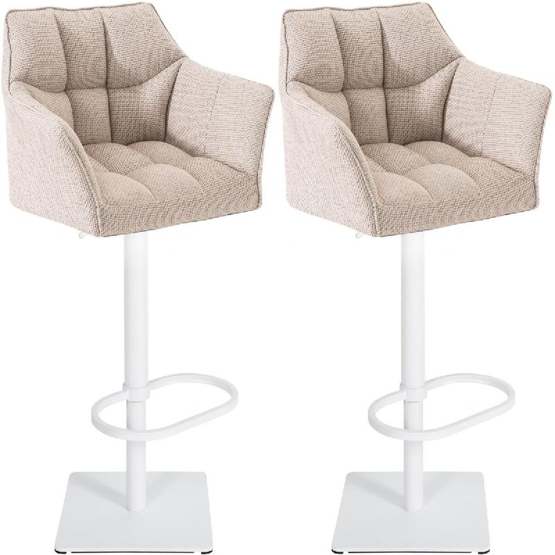 Décoshop26 - Lot de 2 tabourets de bar réglable en tissu beige assise enveloppante capitonnée avec base carrée en métal blanc 10_0006623 - blanc_0