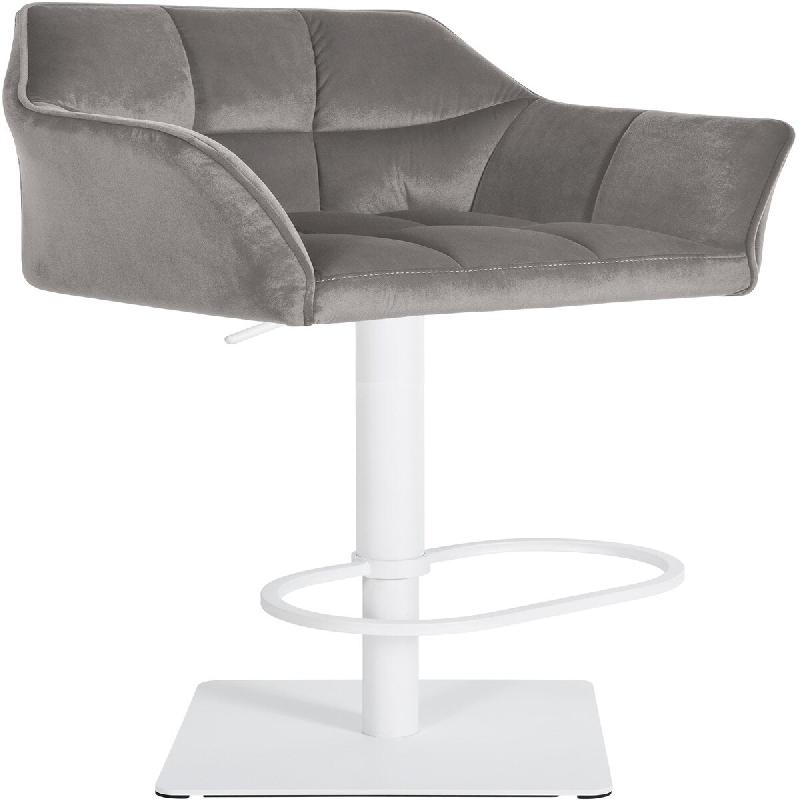 Décoshop26 - Tabouret de bar x1 réglable en velours gris assise enveloppante capitonnée avec base carrée en métal blanc 10_0006309 - blanc métal_0