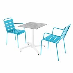 Oviala Business Ensemble table terrasse stratifié marbre et 2 fauteuils bleu - Oviala - bleu métal 110716_0