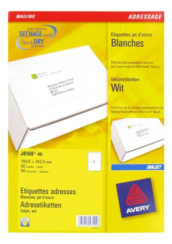 ETIQUETTE ADRESSE JET D'ENCRE 199,6 X 143,5 MM AVERY J8168-40 BLANCHE - BOÎTE DE 80