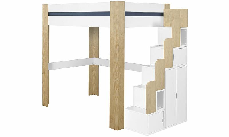 LIT MEZZANINE ESCALIER PAROS  BLANC ET BOIS 90X190 CM
