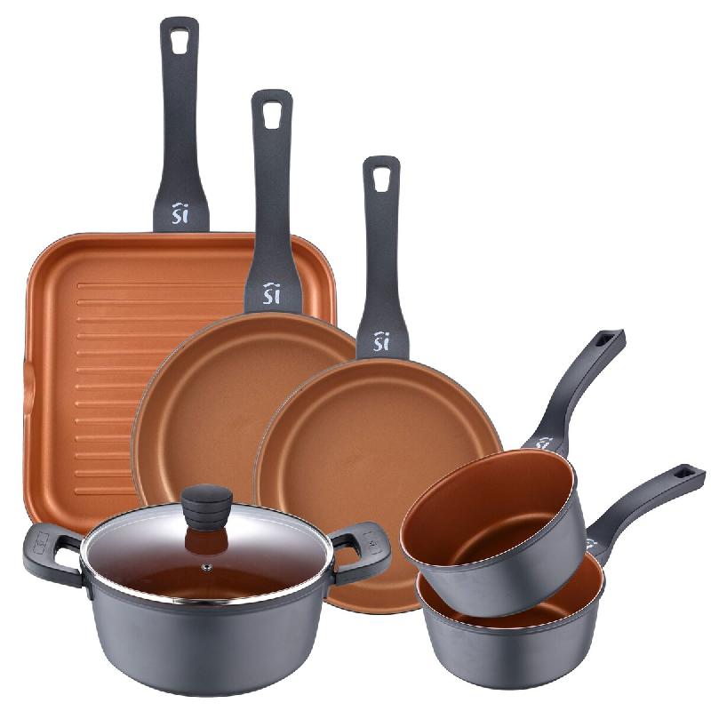 San Ignacio - Batterie de Cuisine en Aluminium Moulé - Marmites Ø16, 20 et 24 cm, Poêles Ø20 et 24 cm + Grill 28 cm, Compatible Induction - Bronze_0