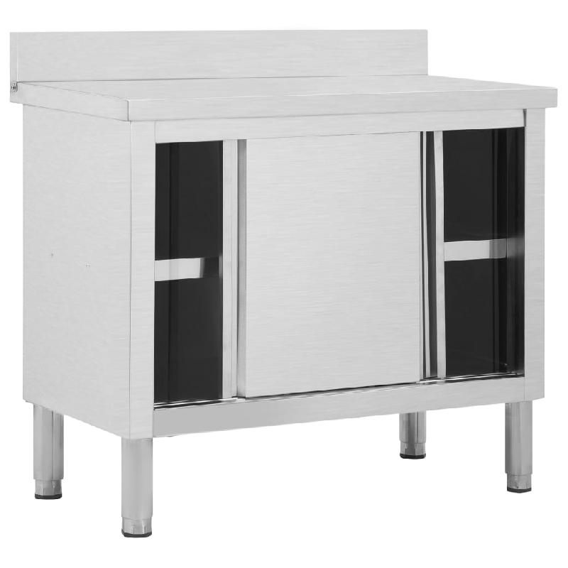 Table de travail en acier inoxydable - Avec portes coulissantes, armoire de rangement pour cuisine, restaurant, hôtel, cantine - 100 cm - Réf : 02_0001898_0