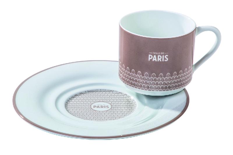 TASSE ET SOUS TASSE À THÉ ROND MARRON PORCELAINE 18 CL VILLE DE PARIS PILLIVUYT