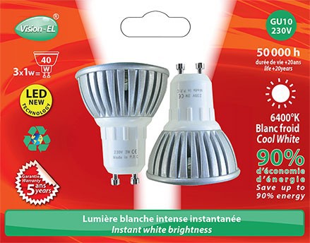 AMPOULE LED GU10 BLISTER DE 2 - 3W - 6300°K VISION-EL 7380B