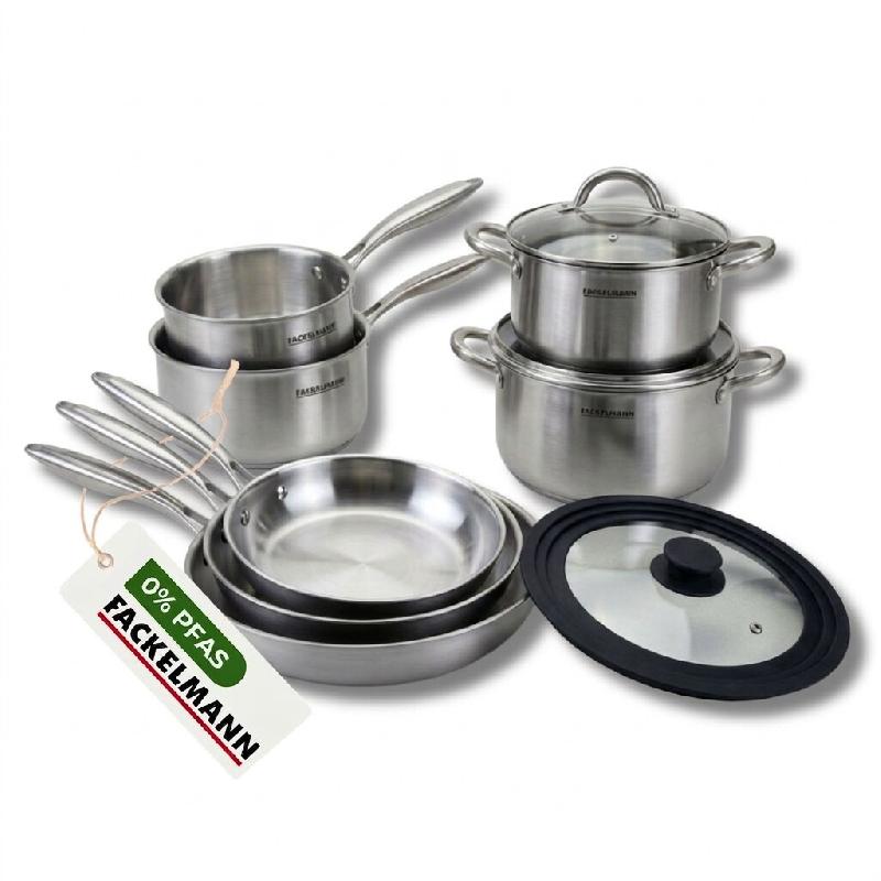 Batterie de cuisine avec 3 poêles 20/26/28 cm, 2 casseroles 14/18 cm et 2 faitouts avec 1 couvercle de cuisson universel Fackelmann Vita3 - gris Acie_0