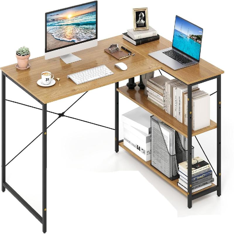 COSTWAY Bureau en L, d'Angle Réversible avec Étagère Réglable et Cadre Métallique, en Bois, pour Bureau et Maison - marron Bois manufacturé ON32101ZM_0