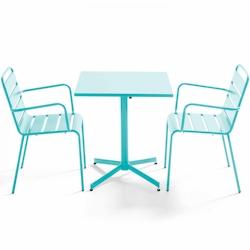 Oviala Business Ensemble table de terrasse carrée et 2 fauteuils métal turquoise - Oviala - bleu acier 109167_0