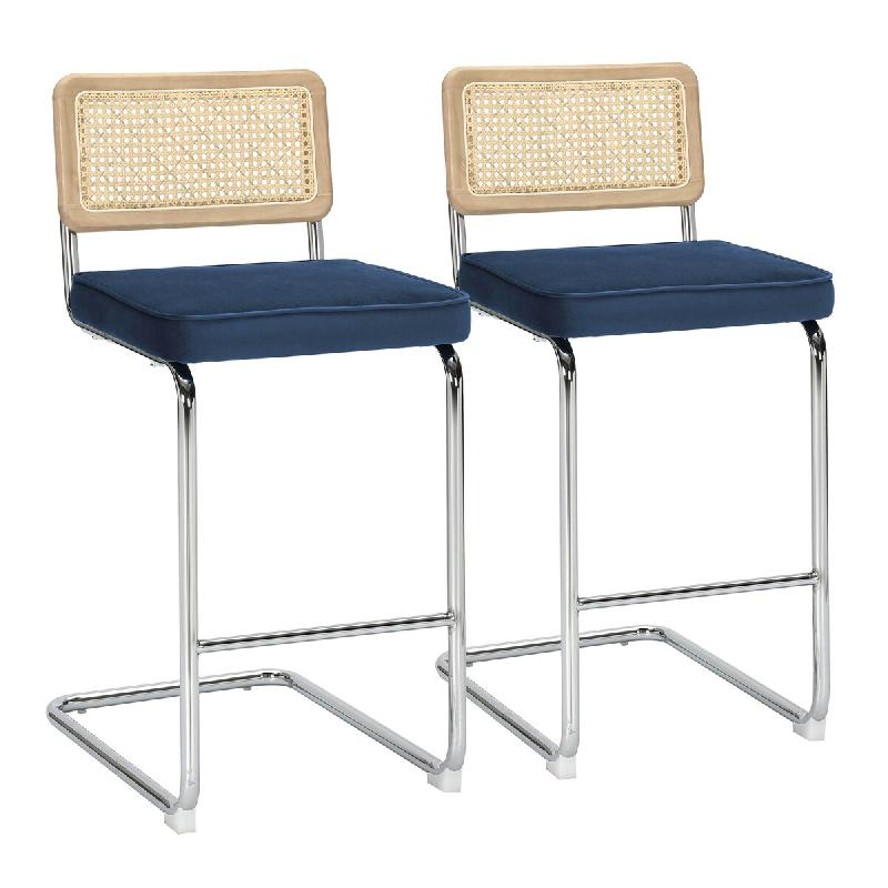 Oviala Business Lot de 2 chaises hautes en acier et velours bleu foncé - bleu 114863_0
