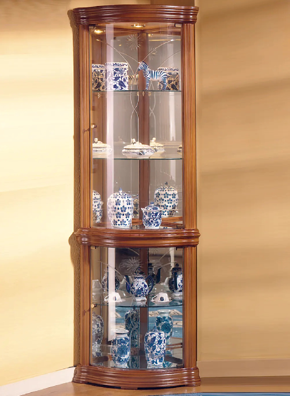 Vitrine d'angle en bois DV75VA - merisier - avec fond miroir et tablettes réglables_0